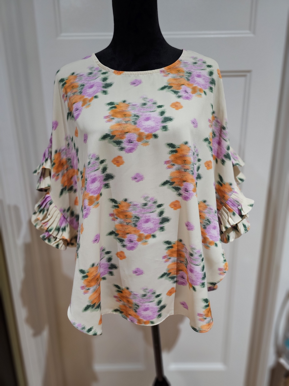 JODIFL Cream Floral Ruffle Sleeve Blouse with Orange & Lavender Accents
